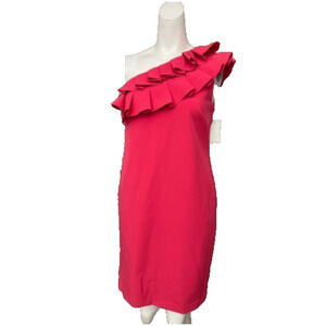 Trina Turk One-Shoulder Ruffle Sheath Cocktail Dress Fuchsia Pink Size 8 Lined